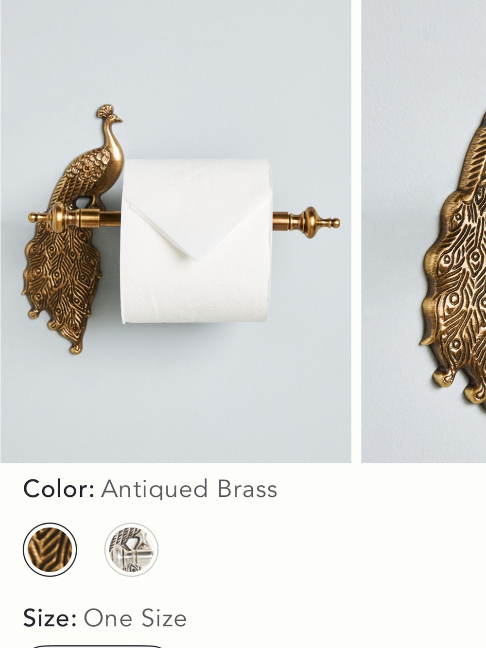 Anthropologie Antiqued Brass Peacock Toilet Paper Holder - Decorative Wall Mount